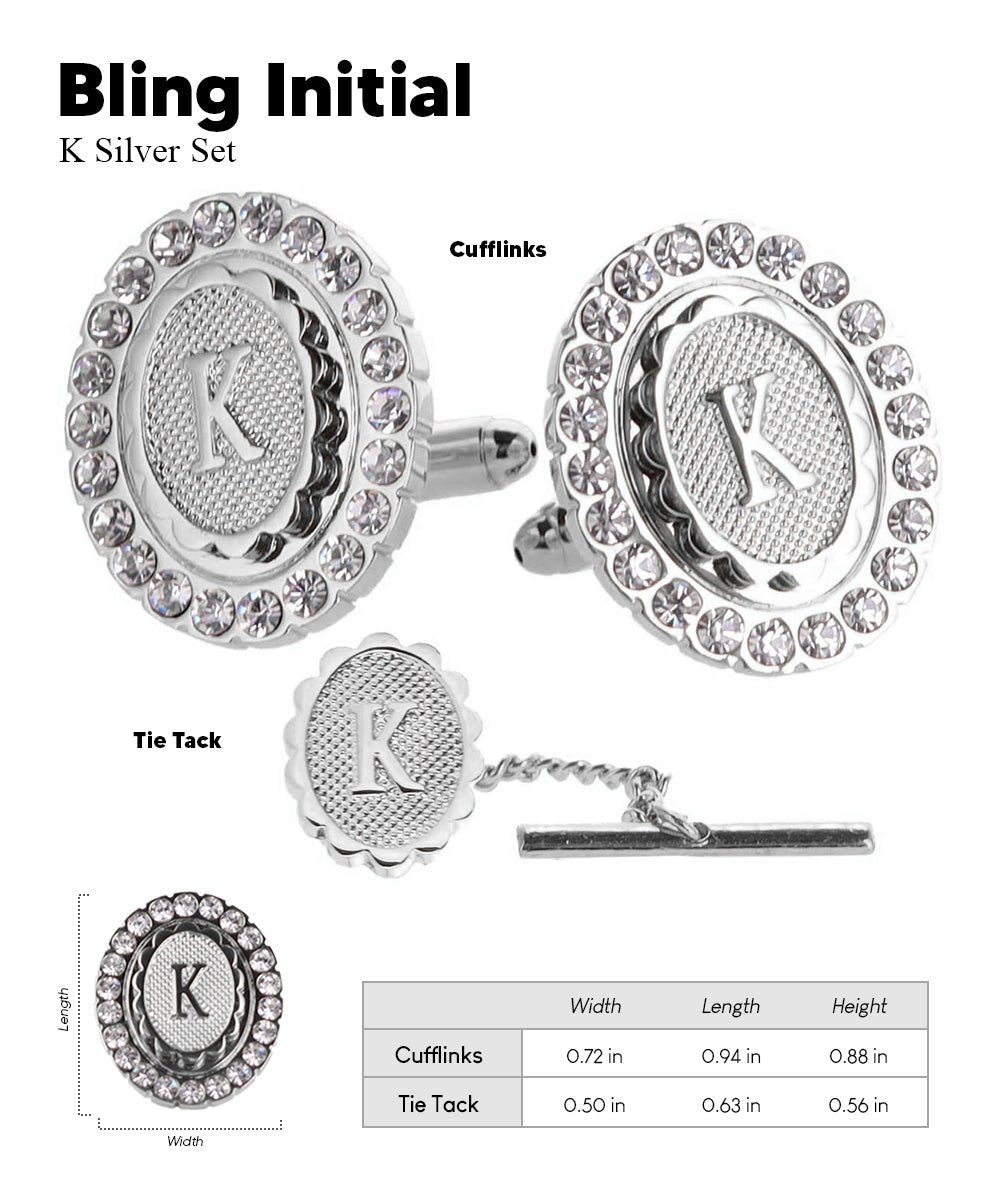 Vittorio Vico Bling Initial Cufflinks & Tie Tack Set in Gift Box - Suits You Sir - Silver - K
