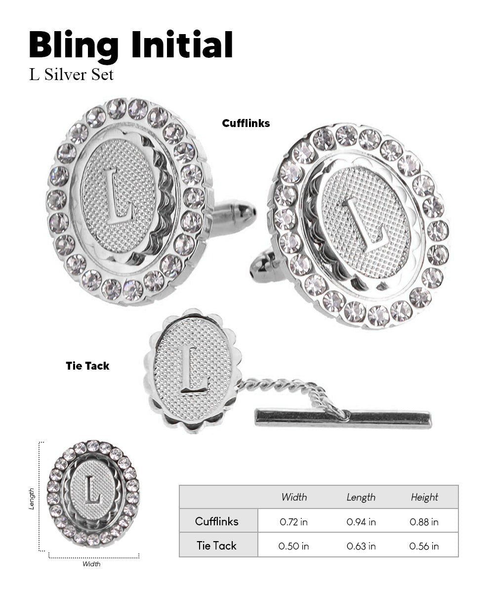 Vittorio Vico Bling Initial Cufflinks & Tie Tack Set in Gift Box - Suits You Sir - Silver - L