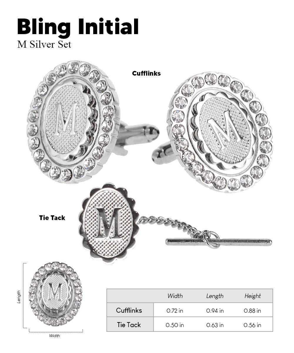 Vittorio Vico Bling Initial Cufflinks & Tie Tack Set in Gift Box - Suits You Sir - Silver - M