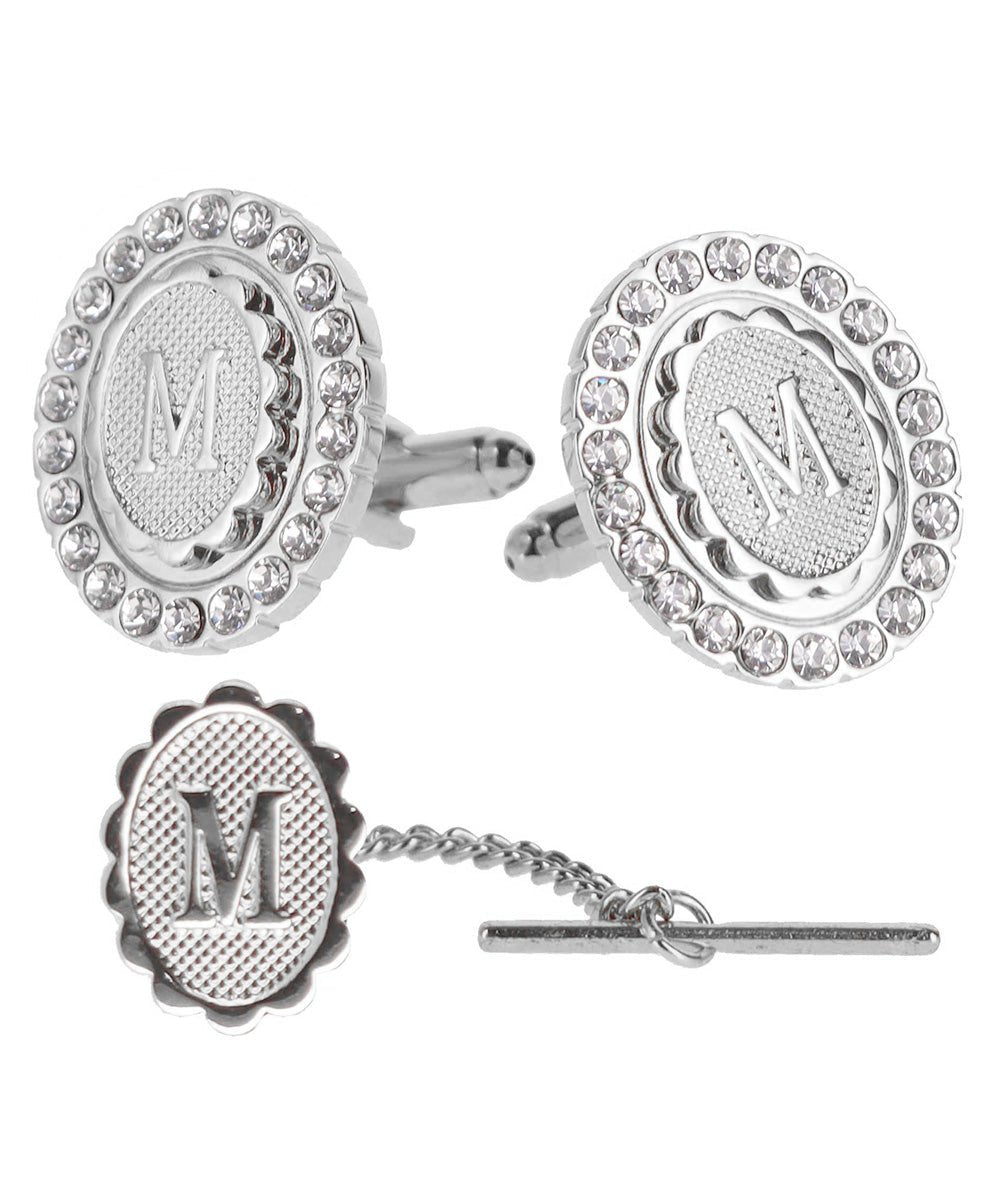 Vittorio Vico Bling Initial Cufflinks & Tie Tack Set in Gift Box - Suits You Sir - Silver - M