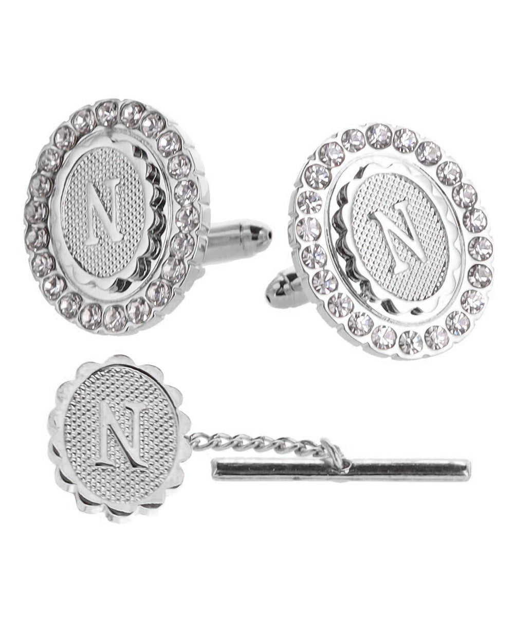 Vittorio Vico Bling Initial Cufflinks & Tie Tack Set in Gift Box - Suits You Sir - Silver - N