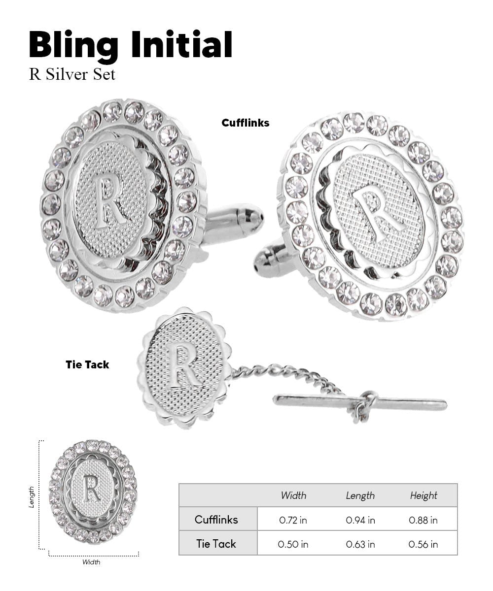 Vittorio Vico Bling Initial Cufflinks & Tie Tack Set in Gift Box - Suits You Sir - Silver - P