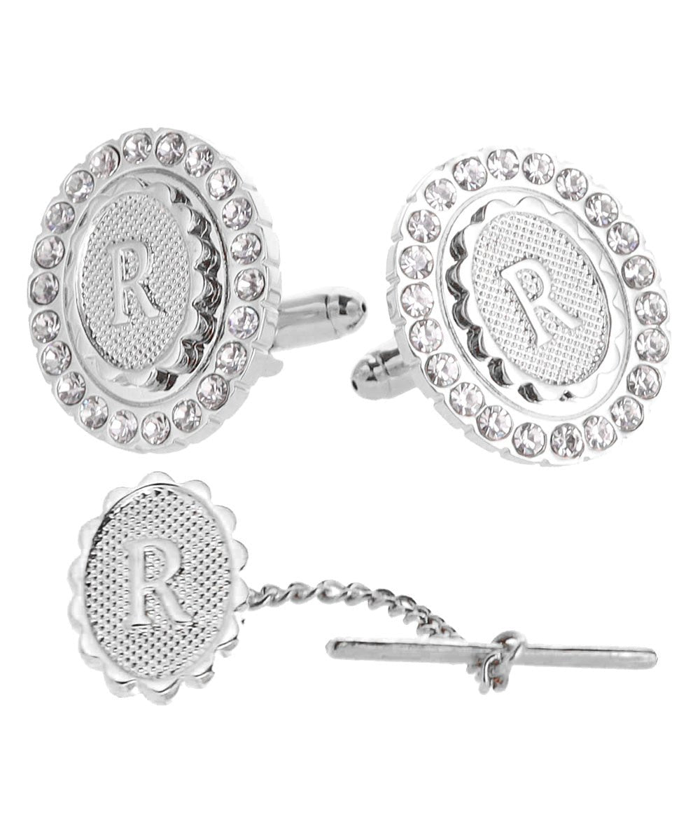 Vittorio Vico Bling Initial Cufflinks & Tie Tack Set in Gift Box - Suits You Sir - Silver - P