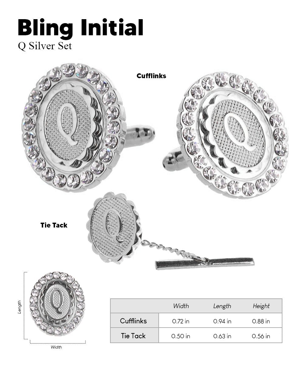 Vittorio Vico Bling Initial Cufflinks & Tie Tack Set in Gift Box - Suits You Sir - Silver - Q