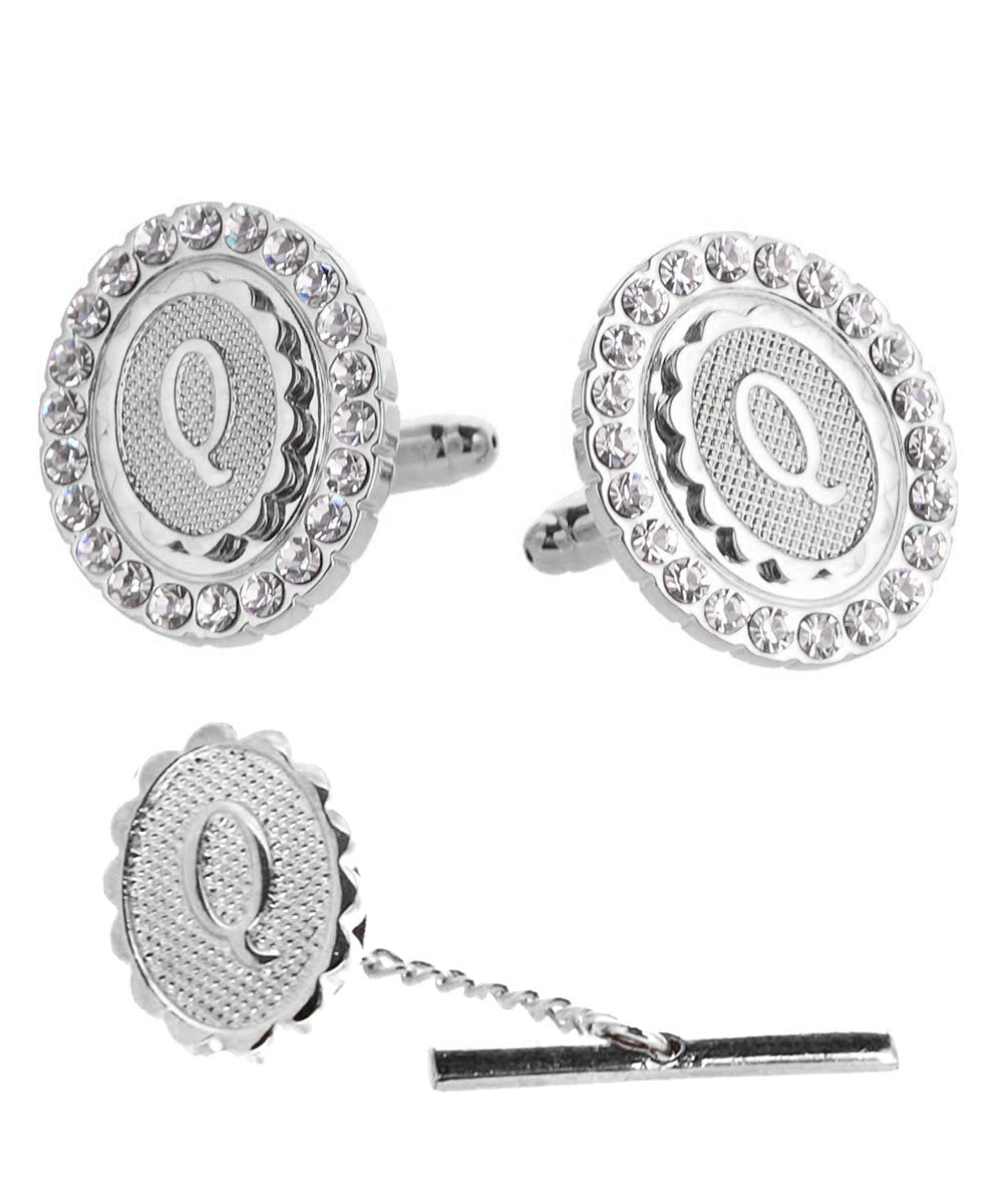 Vittorio Vico Bling Initial Cufflinks & Tie Tack Set in Gift Box - Suits You Sir - Silver - Q