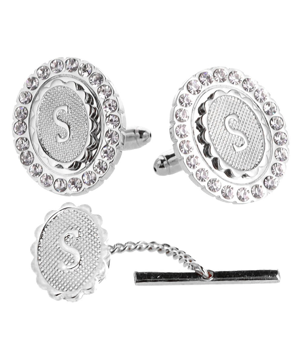 Vittorio Vico Bling Initial Cufflinks & Tie Tack Set in Gift Box - Suits You Sir - Silver - S
