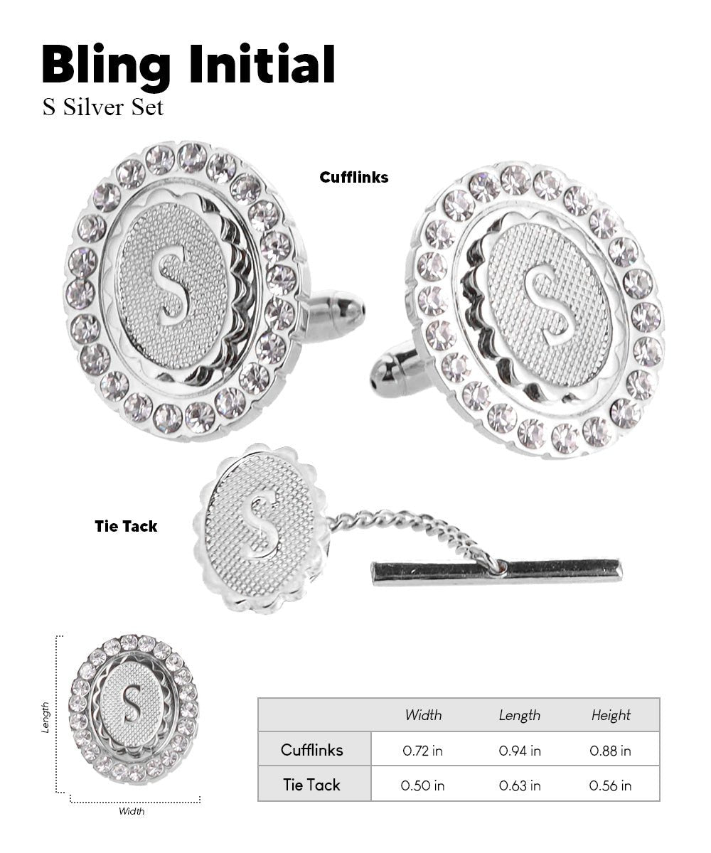 Vittorio Vico Bling Initial Cufflinks & Tie Tack Set in Gift Box - Suits You Sir - Silver - S