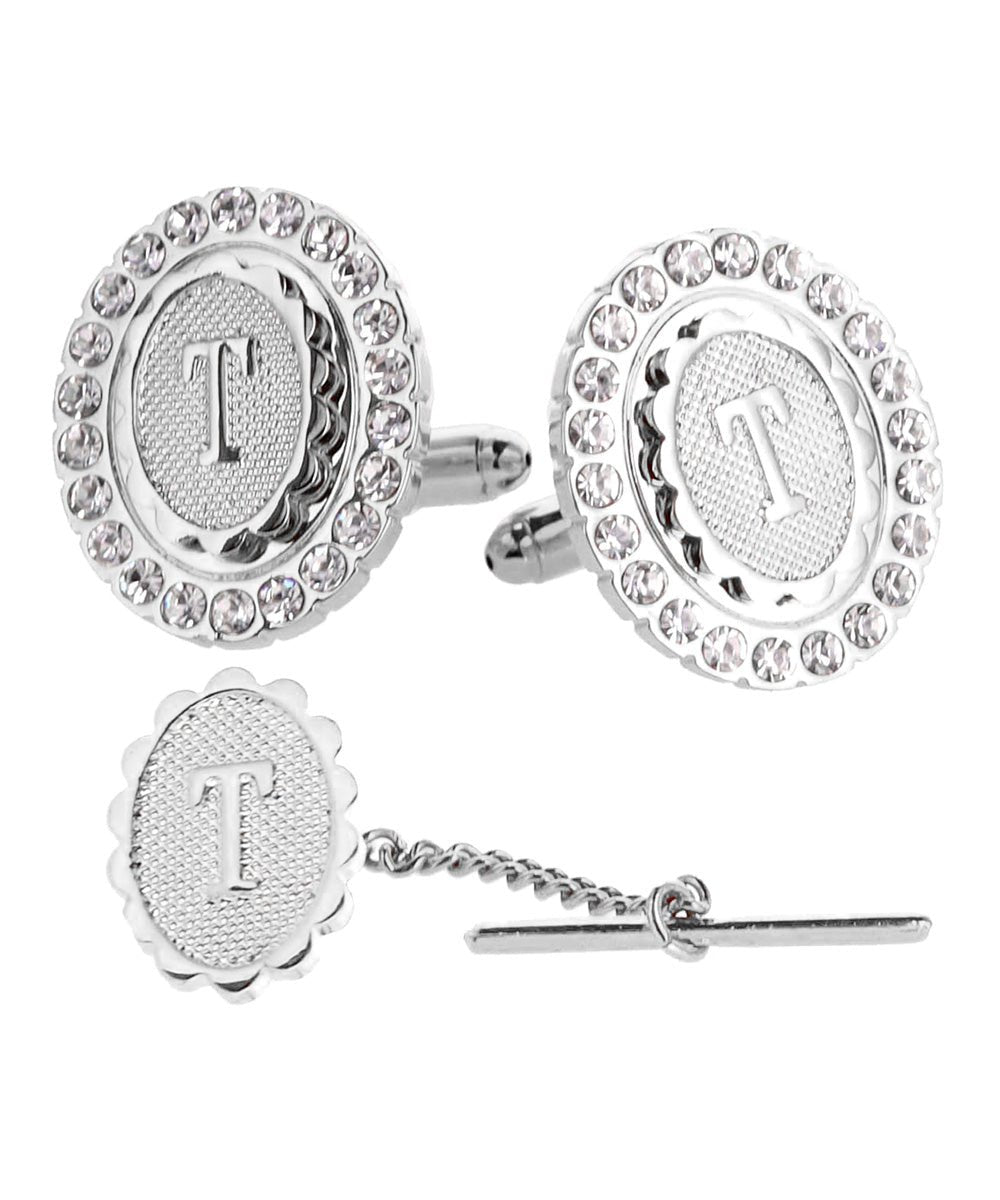 Vittorio Vico Bling Initial Cufflinks & Tie Tack Set in Gift Box - Suits You Sir - Silver - T