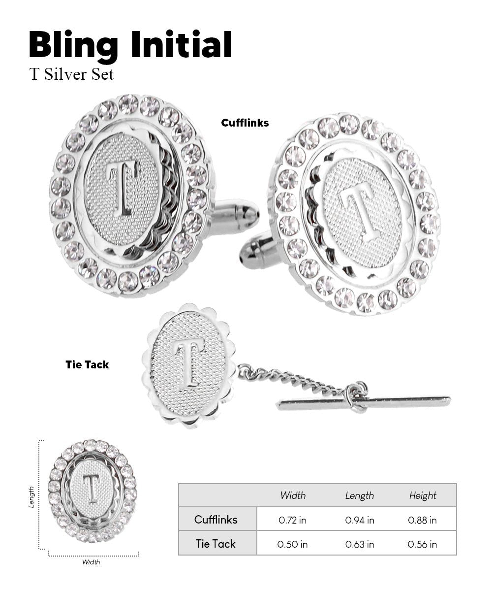Vittorio Vico Bling Initial Cufflinks & Tie Tack Set in Gift Box - Suits You Sir - Silver - T