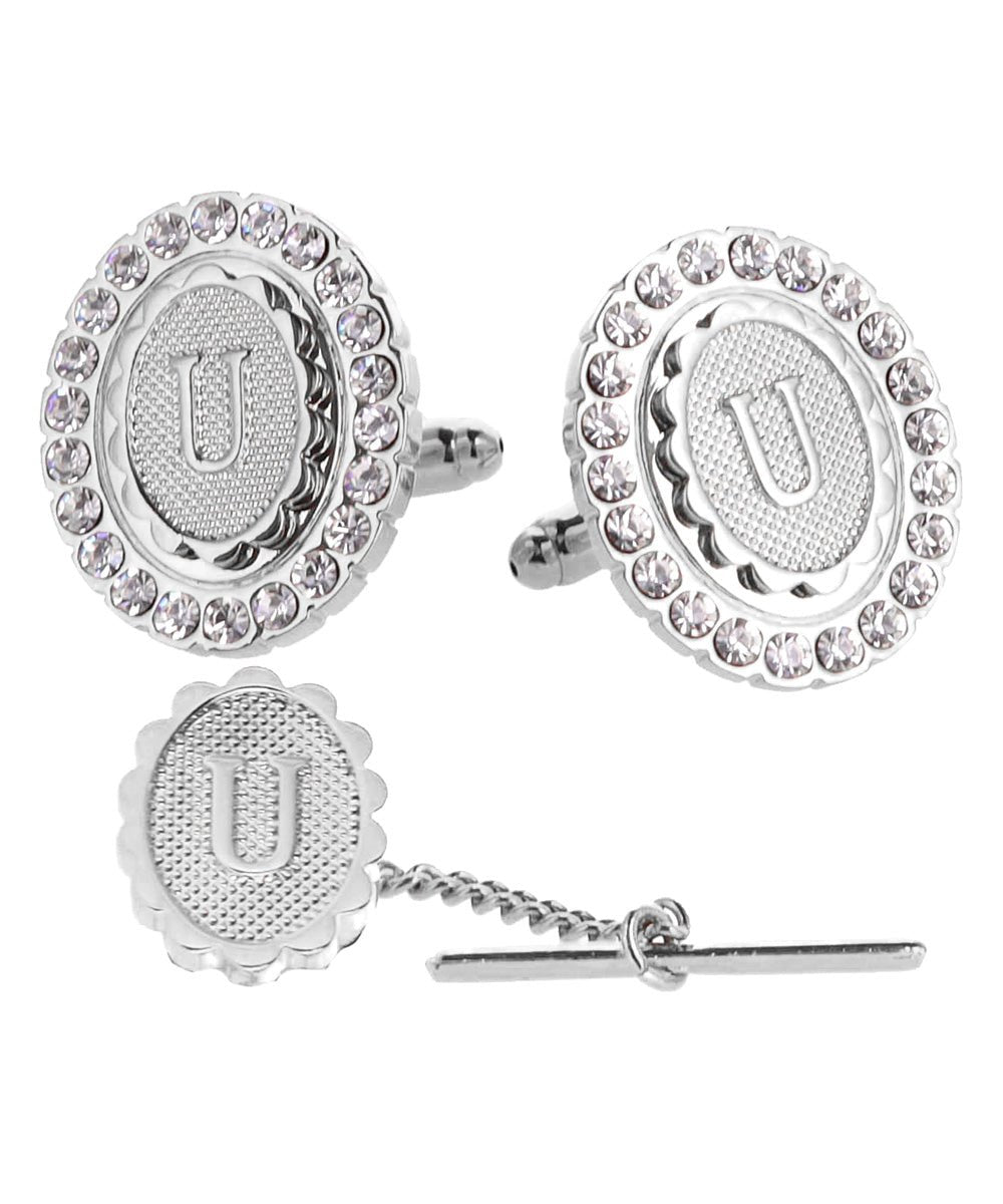 Vittorio Vico Bling Initial Cufflinks & Tie Tack Set in Gift Box - Suits You Sir - Silver - U