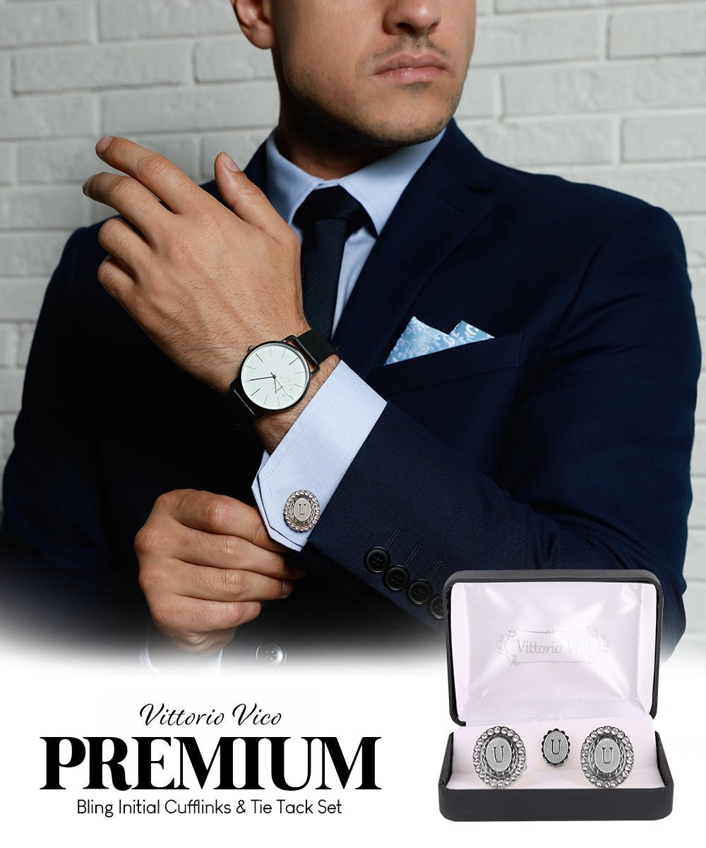 Vittorio Vico Bling Initial Cufflinks & Tie Tack Set in Gift Box - Suits You Sir - Silver - U