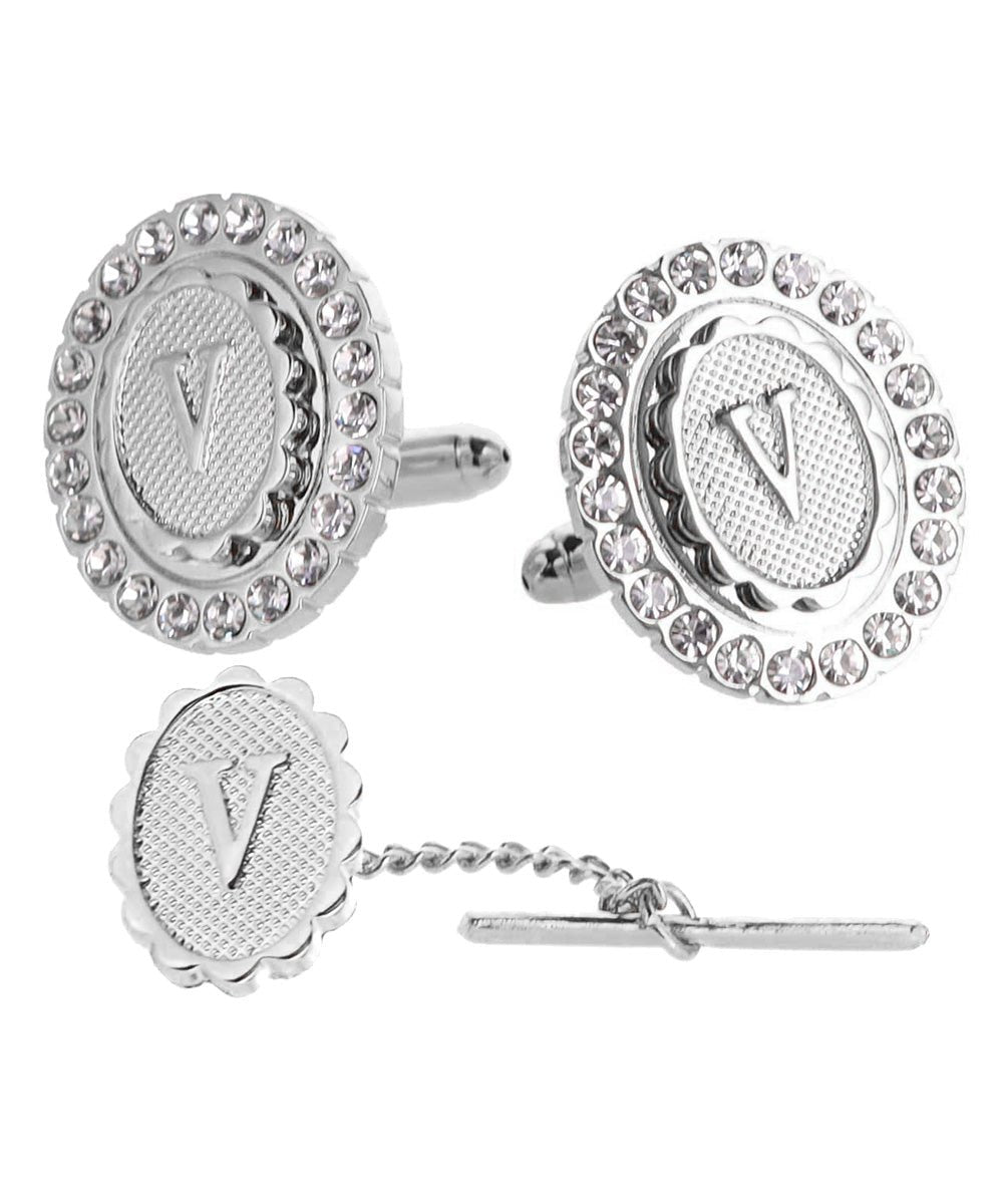 Vittorio Vico Bling Initial Cufflinks & Tie Tack Set in Gift Box - Suits You Sir - Silver - V