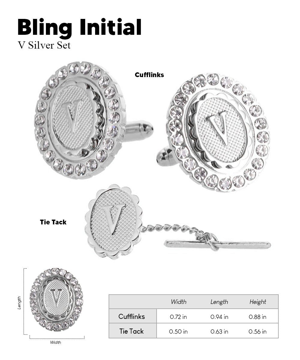 Vittorio Vico Bling Initial Cufflinks & Tie Tack Set in Gift Box - Suits You Sir - Silver - V
