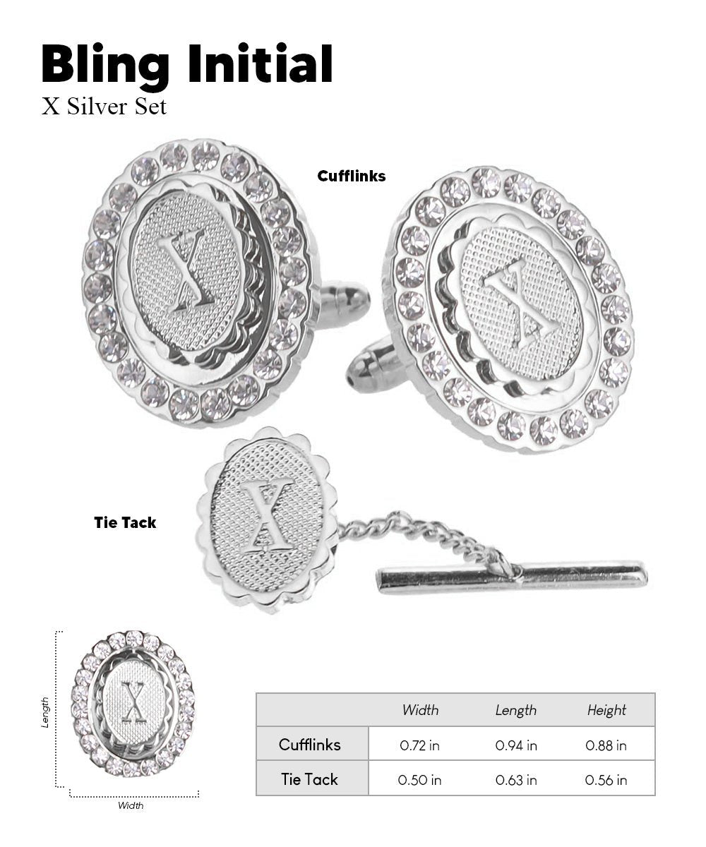 Vittorio Vico Bling Initial Cufflinks & Tie Tack Set in Gift Box - Suits You Sir - Silver - X