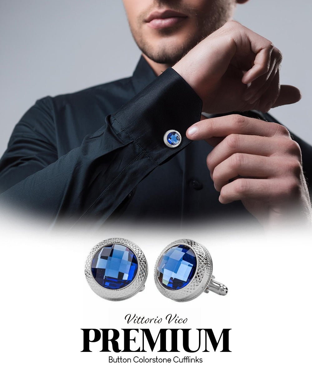 Vittorio Vico Button Colorstone Cufflinks: CL18XX Series - Suits You Sir - Royal Blue and Silver -