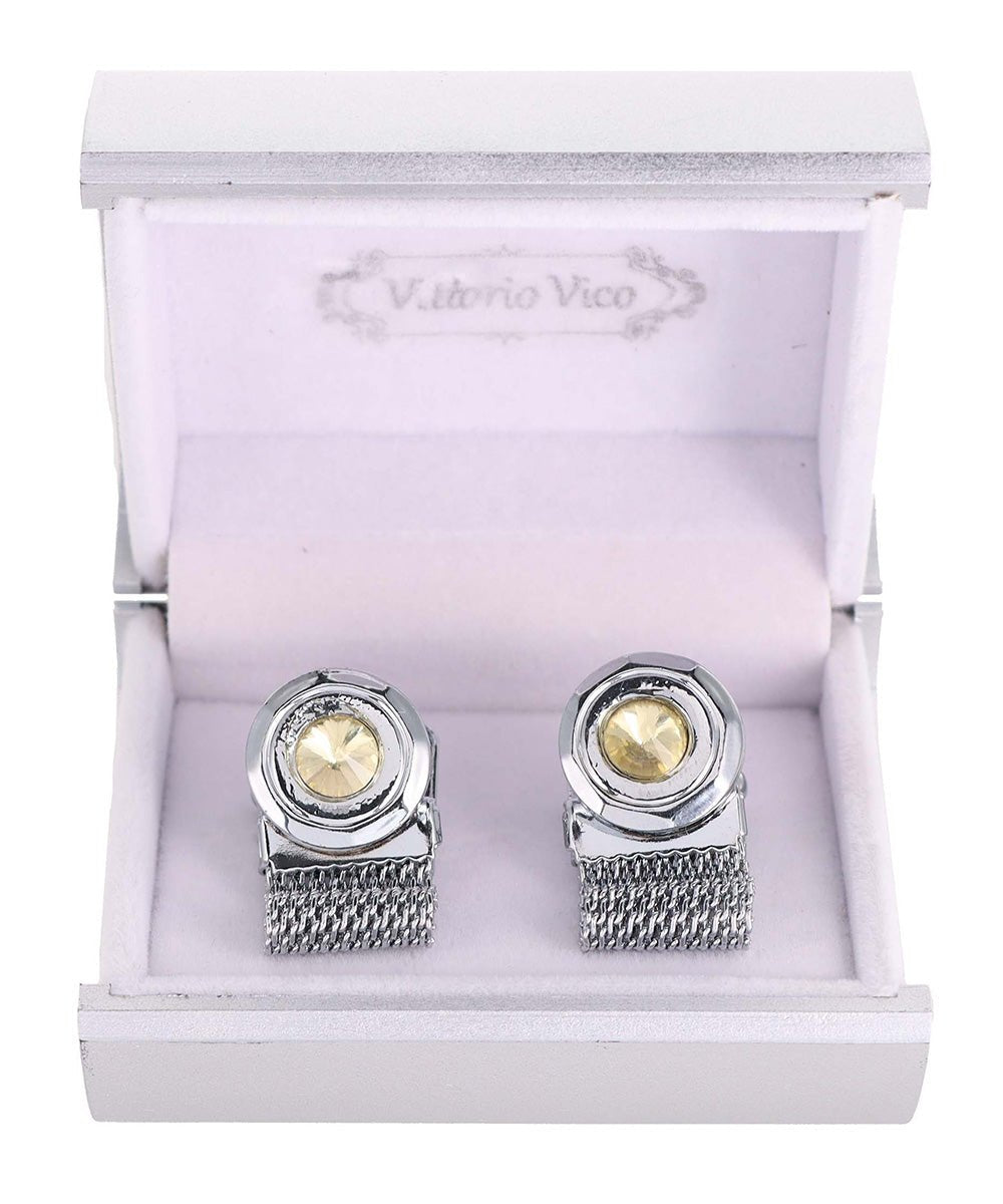 Vittorio Vico Colorful Crystal Chain Cufflinks in Gift Box - Suits You Sir - Yellow and Silver -