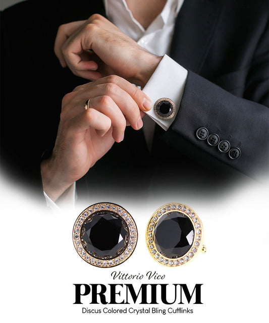 Vittorio Vico Discus Crystal Colorstone Bling Cufflinks: CL11XX Series - Suits You Sir - Black and Gold -