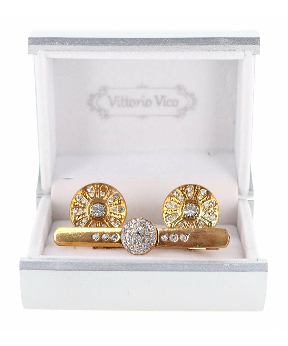Vittorio Vico Gold Rhinestone Cufflinks & Tie Bar Set in Gift Box - Suits You Sir - CR - 079 -