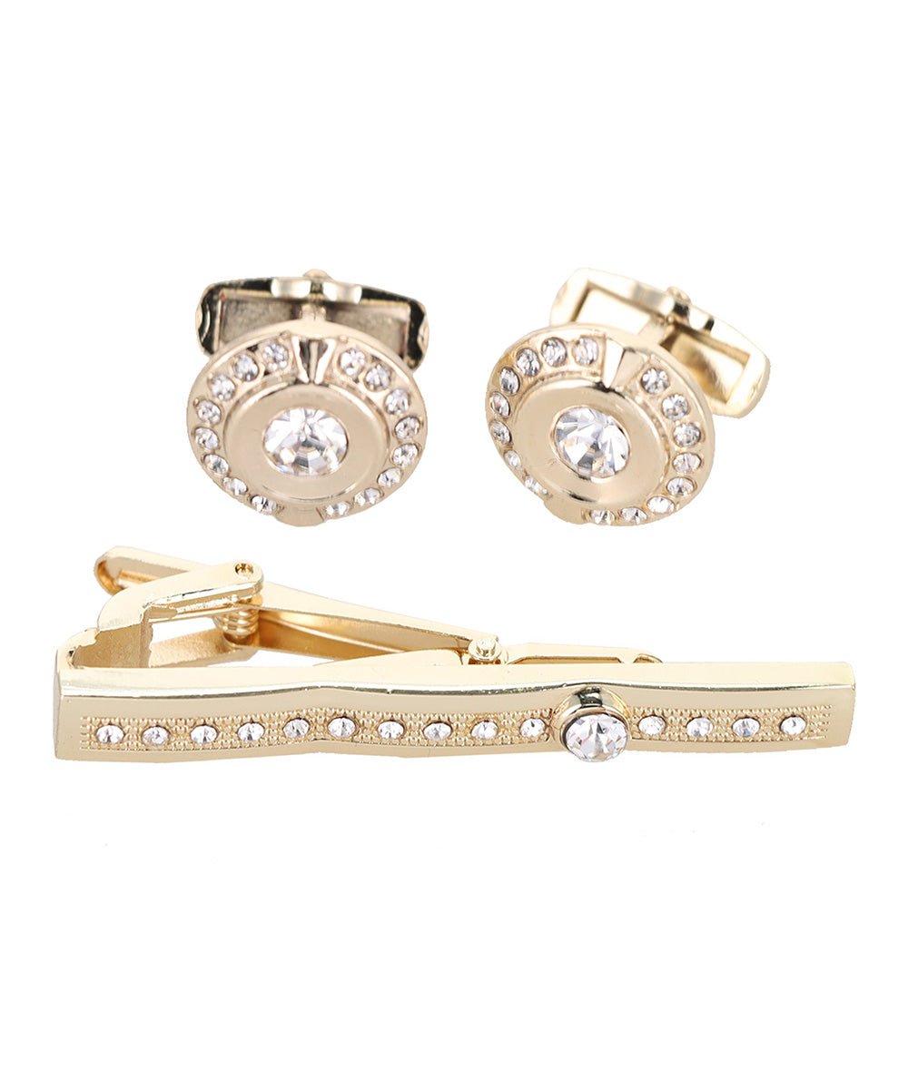 Vittorio Vico Gold Rhinestone Cufflinks & Tie Bar Set in Gift Box - Suits You Sir - CR - 083 -