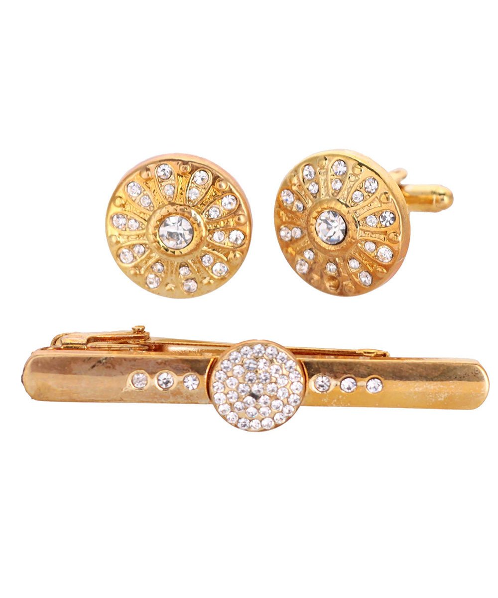 Vittorio Vico Gold Rhinestone Cufflinks & Tie Bar Set in Gift Box - Suits You Sir - Gold -