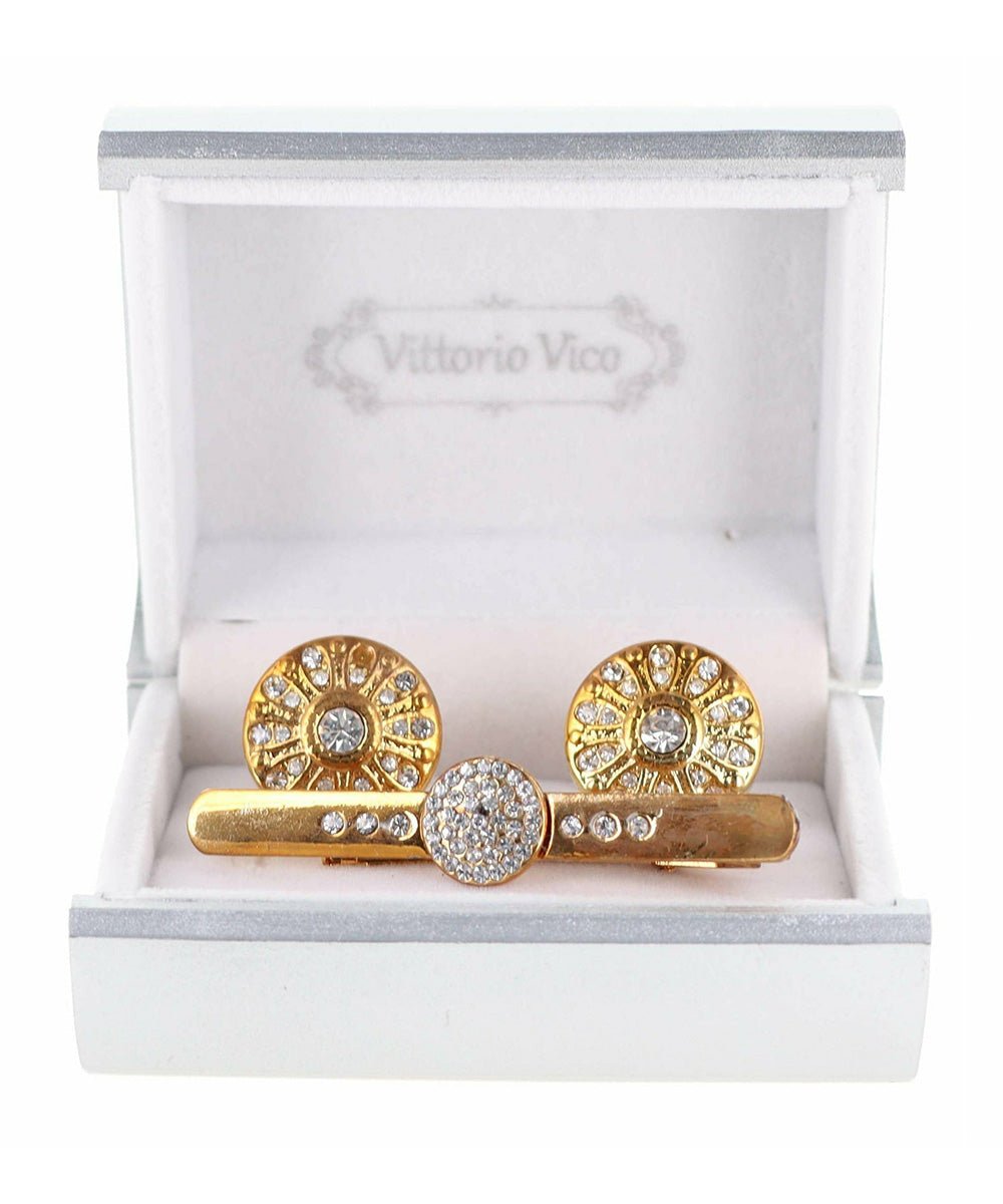 Vittorio Vico Gold Rhinestone Cufflinks & Tie Bar Set in Gift Box - Suits You Sir - Gold -