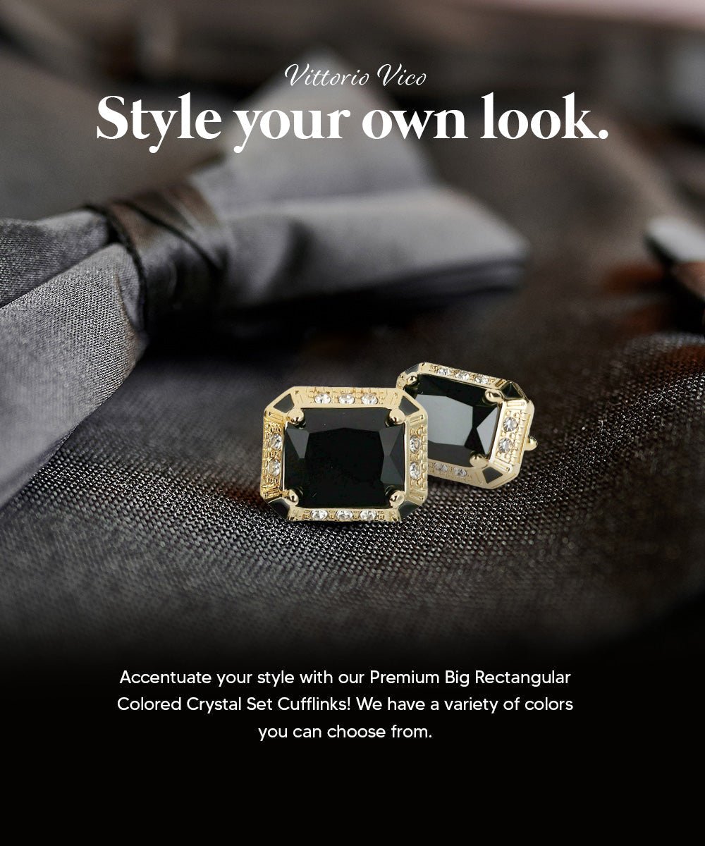 Vittorio Vico Large Big Rectangular Crystal Colorstone Cufflinks: CL73XX Series - Suits You Sir - Black and Gold -