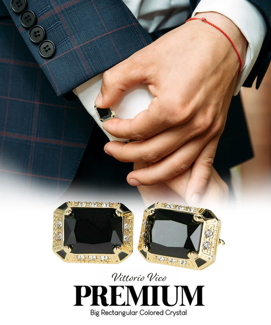 Vittorio Vico Large Big Rectangular Crystal Colorstone Cufflinks: CL73XX Series - Suits You Sir - Black and Gold -