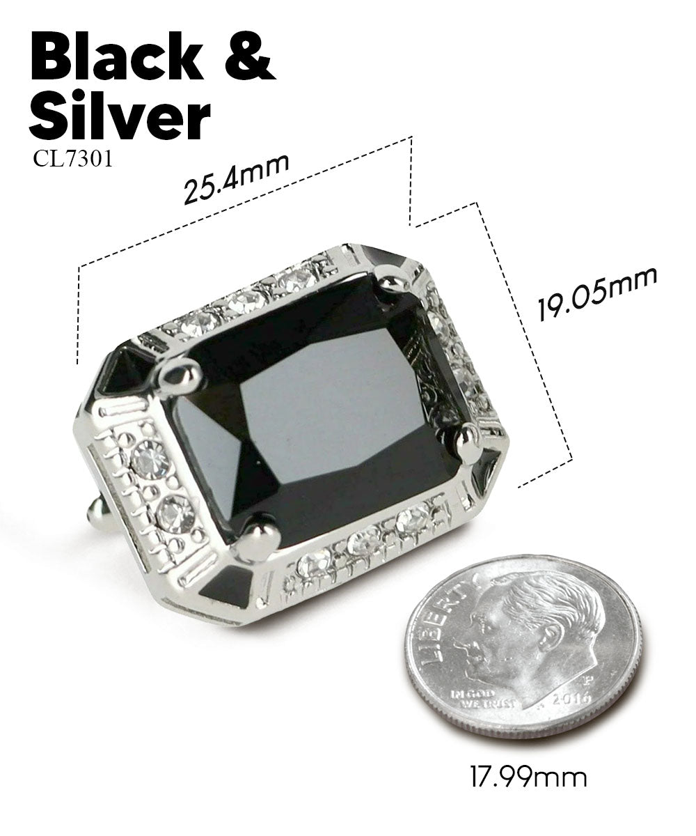Vittorio Vico Large Big Rectangular Crystal Colorstone Cufflinks: CL73XX Series - Suits You Sir - Black and Silver -