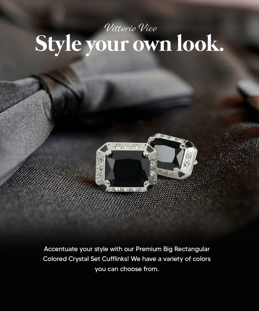 Vittorio Vico Large Big Rectangular Crystal Colorstone Cufflinks: CL73XX Series - Suits You Sir - Black and Silver -