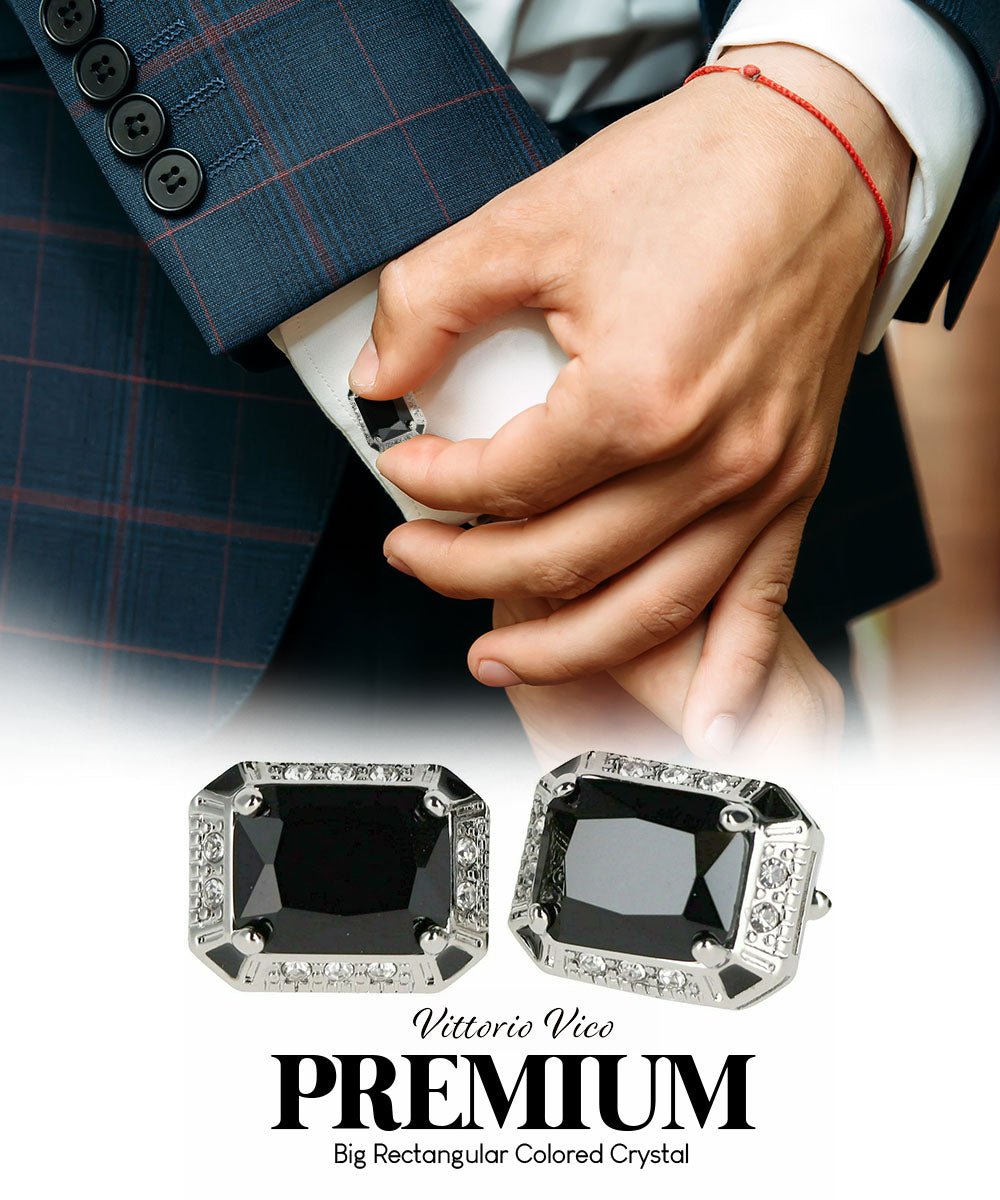 Vittorio Vico Large Big Rectangular Crystal Colorstone Cufflinks: CL73XX Series - Suits You Sir - Black and Silver -
