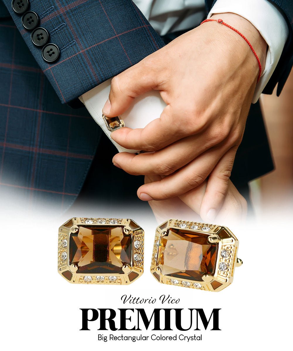 Vittorio Vico Large Big Rectangular Crystal Colorstone Cufflinks: CL73XX Series - Suits You Sir - Brown and Gold -