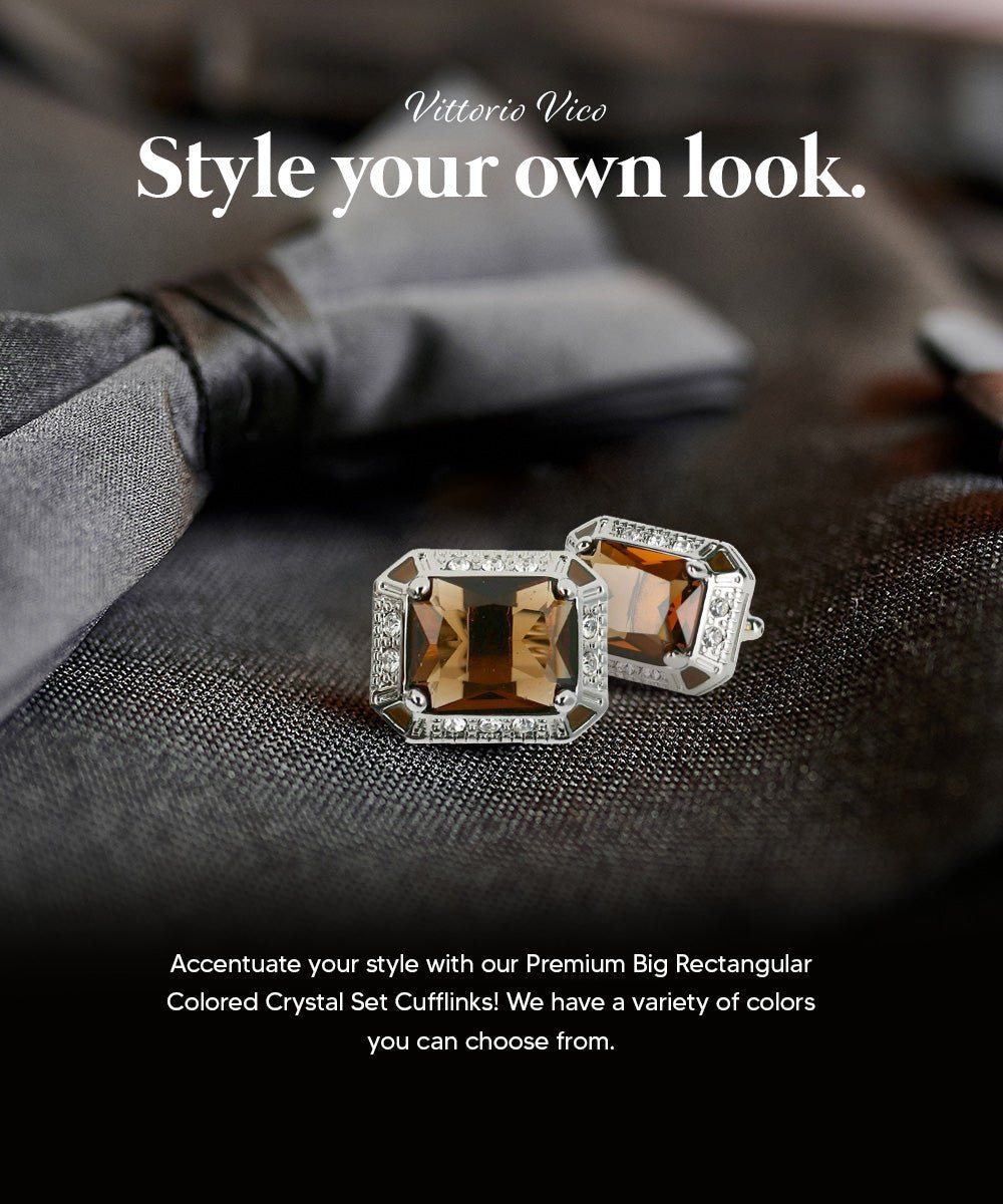 Vittorio Vico Large Big Rectangular Crystal Colorstone Cufflinks: CL73XX Series - Suits You Sir - Brown and Silver -