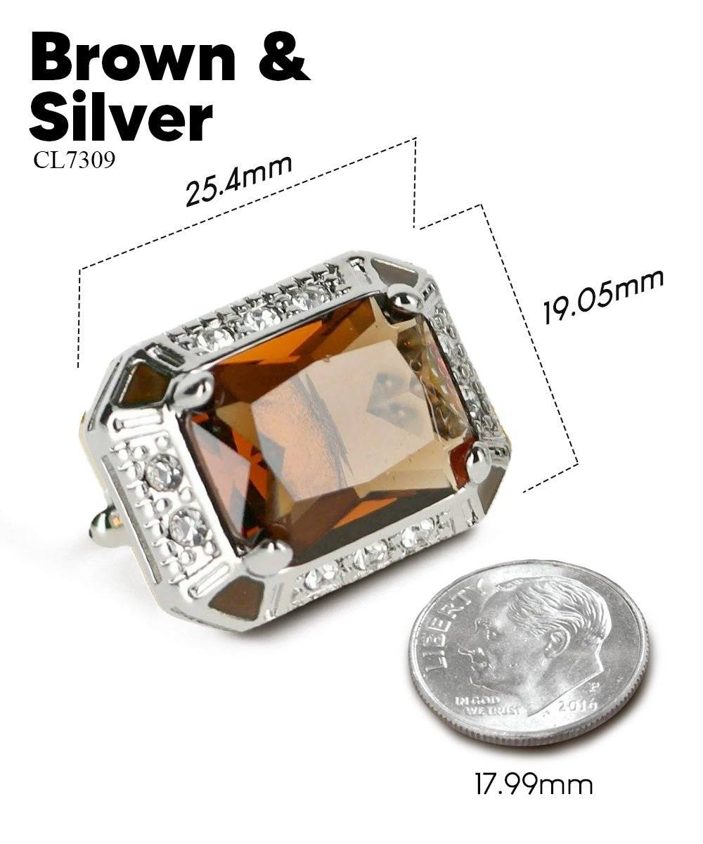 Vittorio Vico Large Big Rectangular Crystal Colorstone Cufflinks: CL73XX Series - Suits You Sir - Brown and Silver -