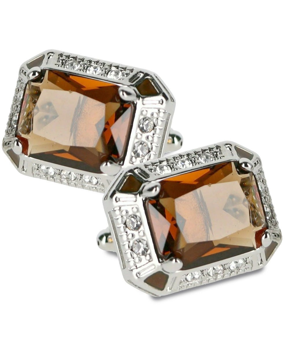 Vittorio Vico Large Big Rectangular Crystal Colorstone Cufflinks: CL73XX Series - Suits You Sir - Brown and Silver -
