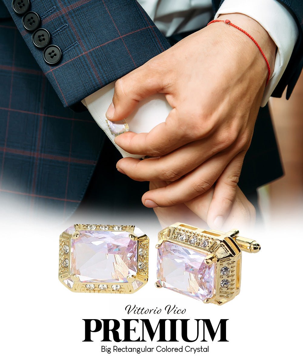 Vittorio Vico Large Big Rectangular Crystal Colorstone Cufflinks: CL73XX Series - Suits You Sir - Clear and Gold -