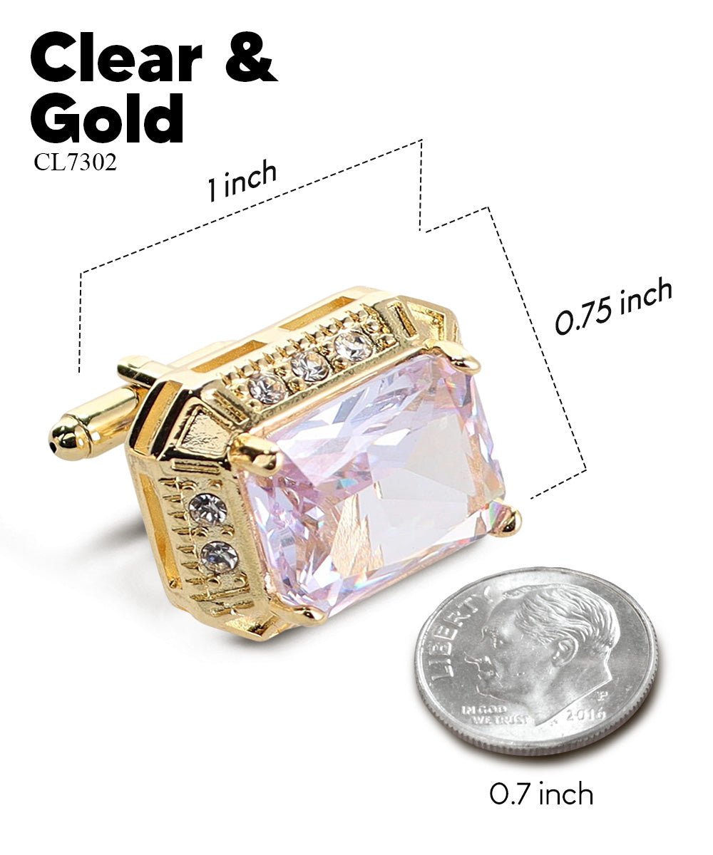 Vittorio Vico Large Big Rectangular Crystal Colorstone Cufflinks: CL73XX Series - Suits You Sir - Clear and Gold -