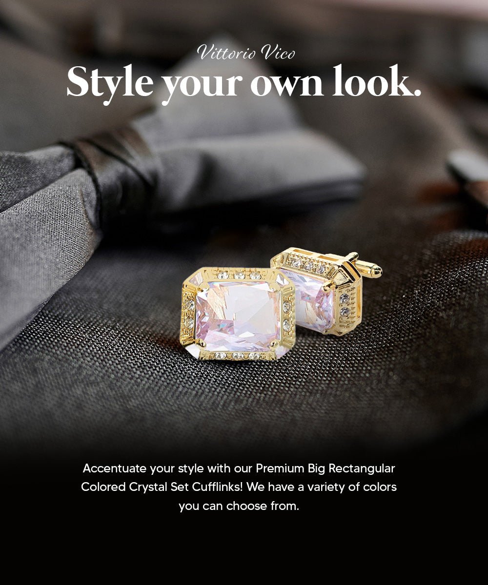 Vittorio Vico Large Big Rectangular Crystal Colorstone Cufflinks: CL73XX Series - Suits You Sir - Clear and Gold -