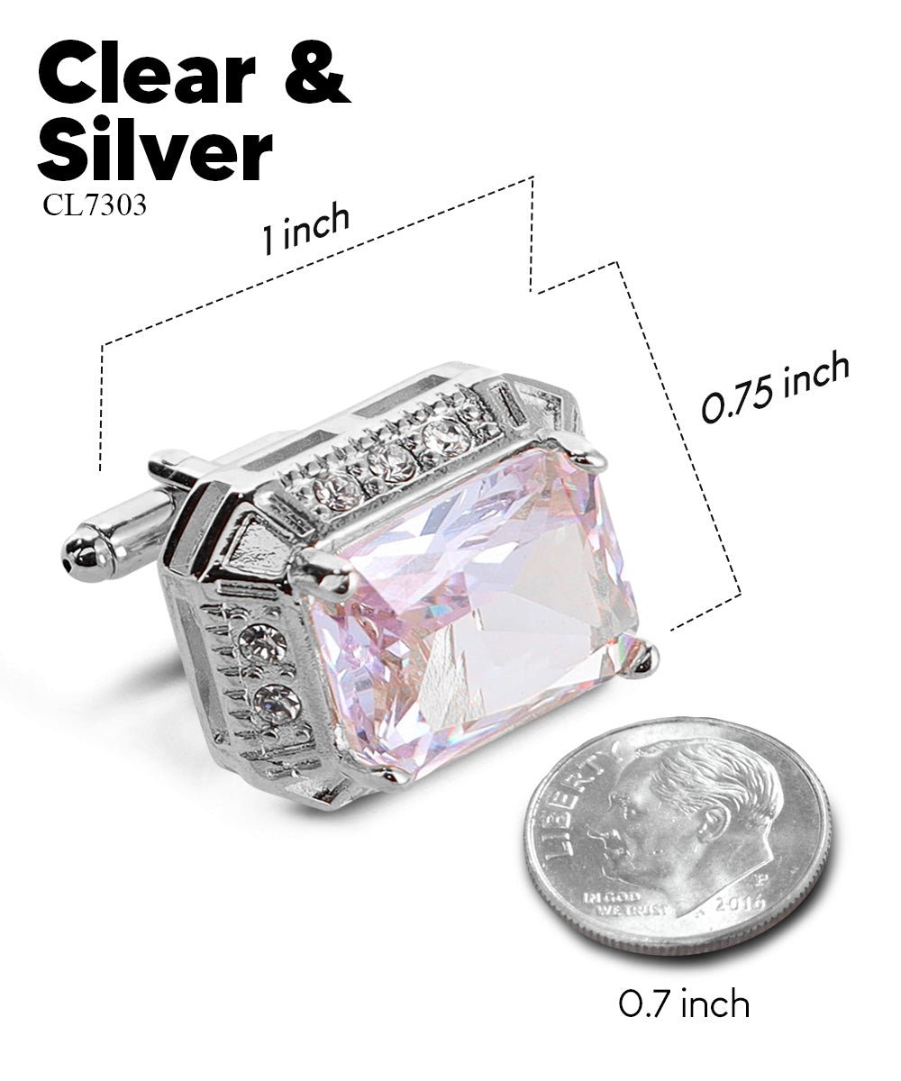 Vittorio Vico Large Big Rectangular Crystal Colorstone Cufflinks: CL73XX Series - Suits You Sir - Clear and Silver -