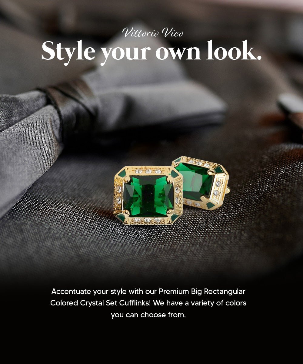 Vittorio Vico Large Big Rectangular Crystal Colorstone Cufflinks: CL73XX Series - Suits You Sir - Emerald Green and Gold -