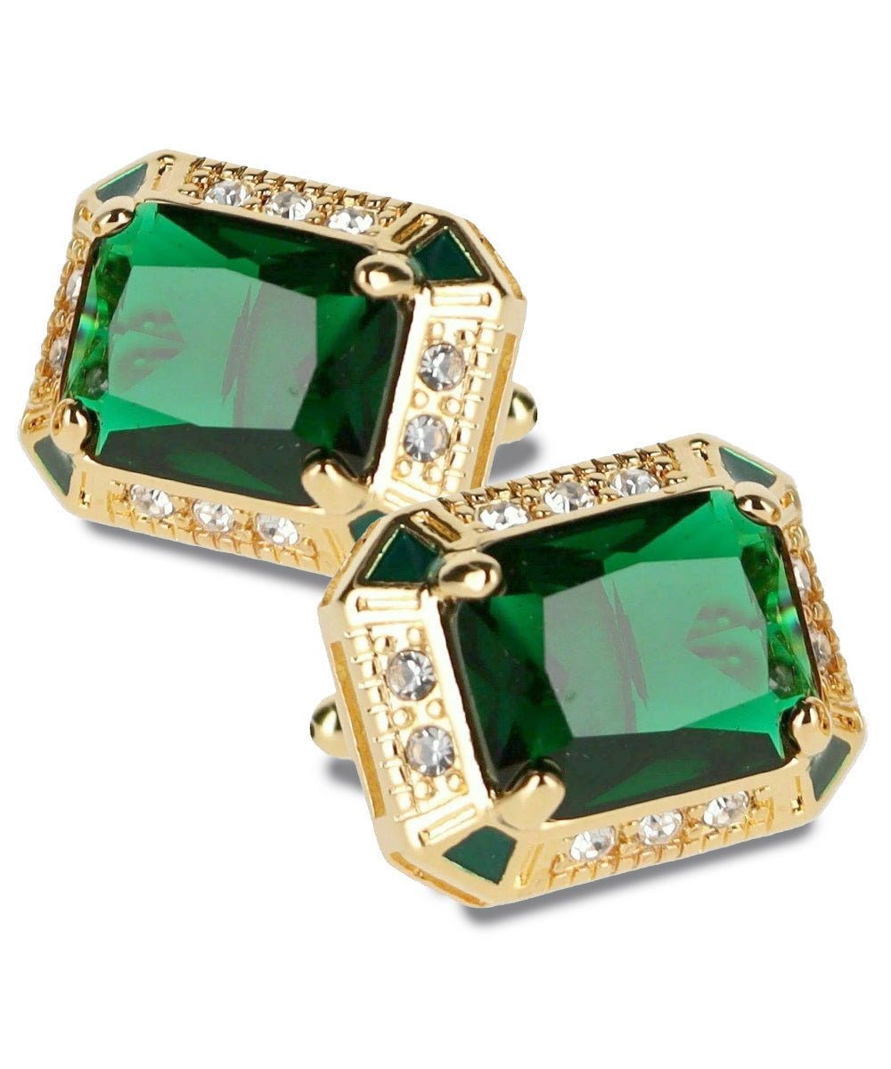 Vittorio Vico Large Big Rectangular Crystal Colorstone Cufflinks: CL73XX Series - Suits You Sir - Emerald Green and Gold -