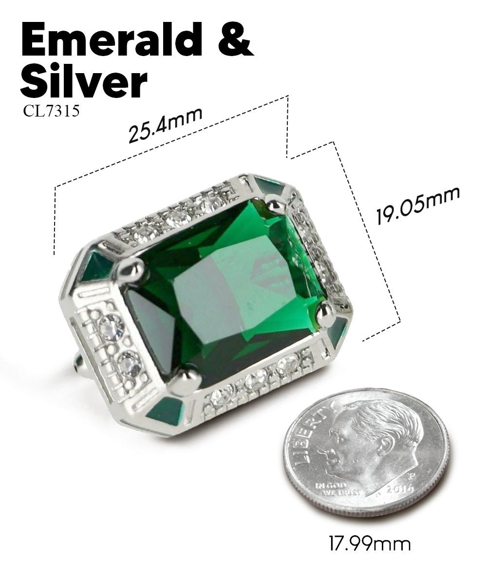 Vittorio Vico Large Big Rectangular Crystal Colorstone Cufflinks: CL73XX Series - Suits You Sir - Emerald Green and Silver -
