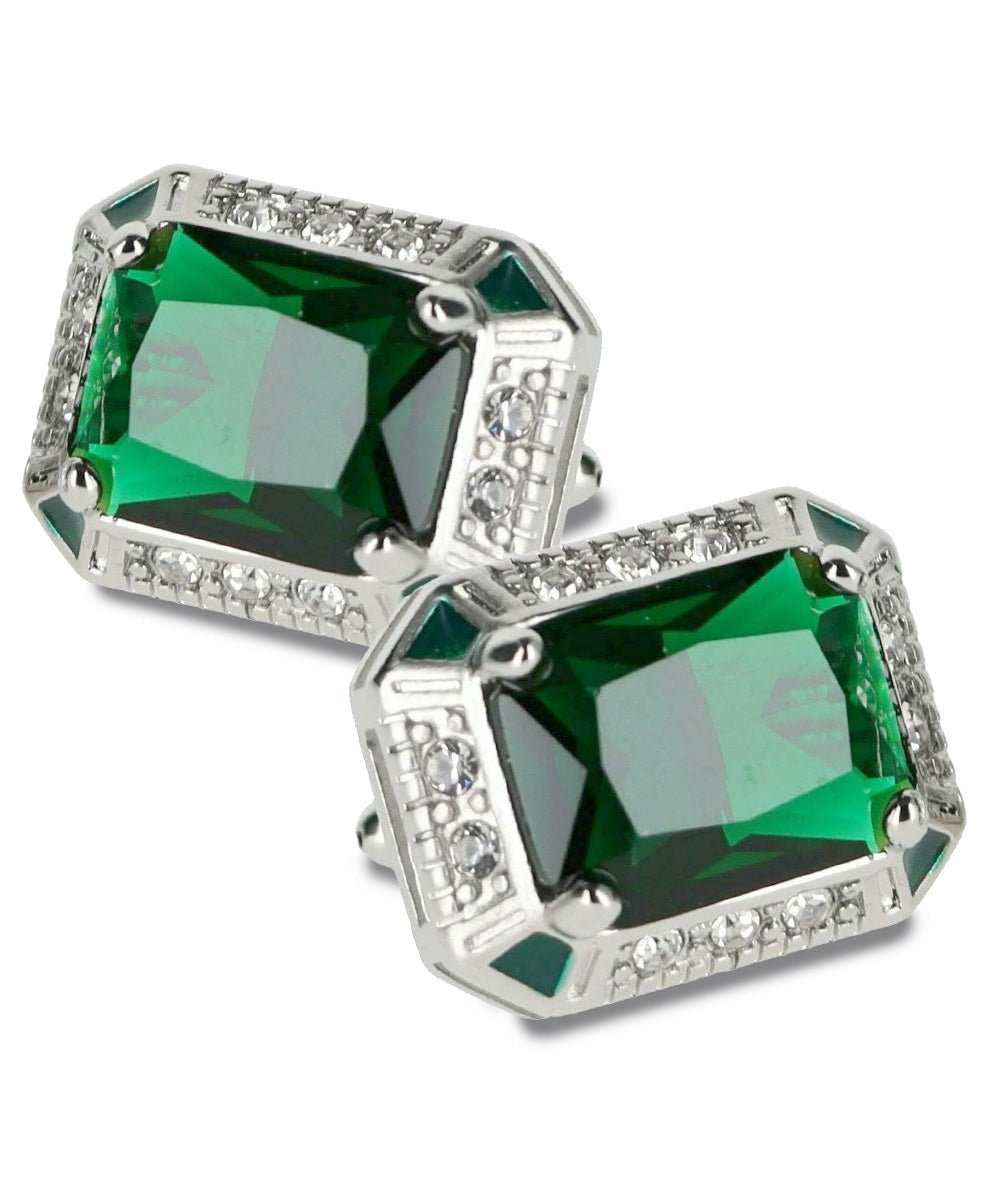 Vittorio Vico Large Big Rectangular Crystal Colorstone Cufflinks: CL73XX Series - Suits You Sir - Emerald Green and Silver -