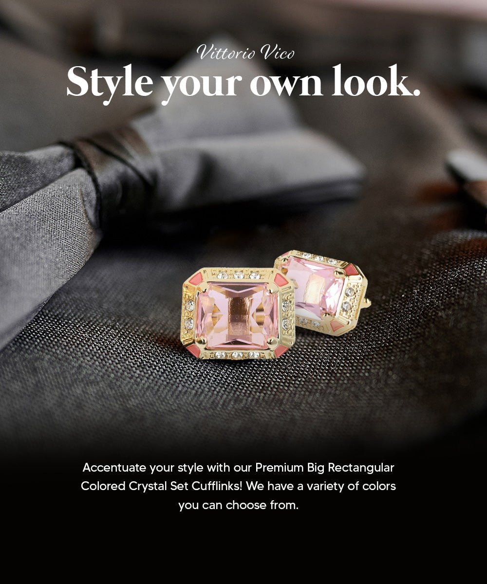 Vittorio Vico Large Big Rectangular Crystal Colorstone Cufflinks: CL73XX Series - Suits You Sir - Pink and Gold -