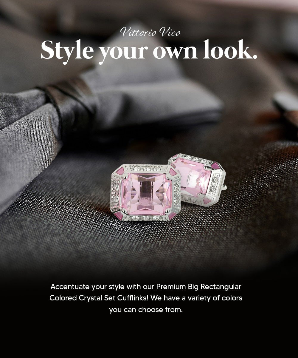 Vittorio Vico Large Big Rectangular Crystal Colorstone Cufflinks: CL73XX Series - Suits You Sir - Pink and Silver -