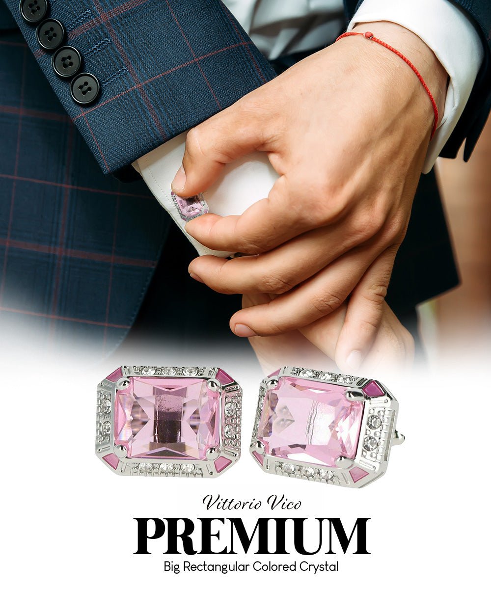 Vittorio Vico Large Big Rectangular Crystal Colorstone Cufflinks: CL73XX Series - Suits You Sir - Pink and Silver -