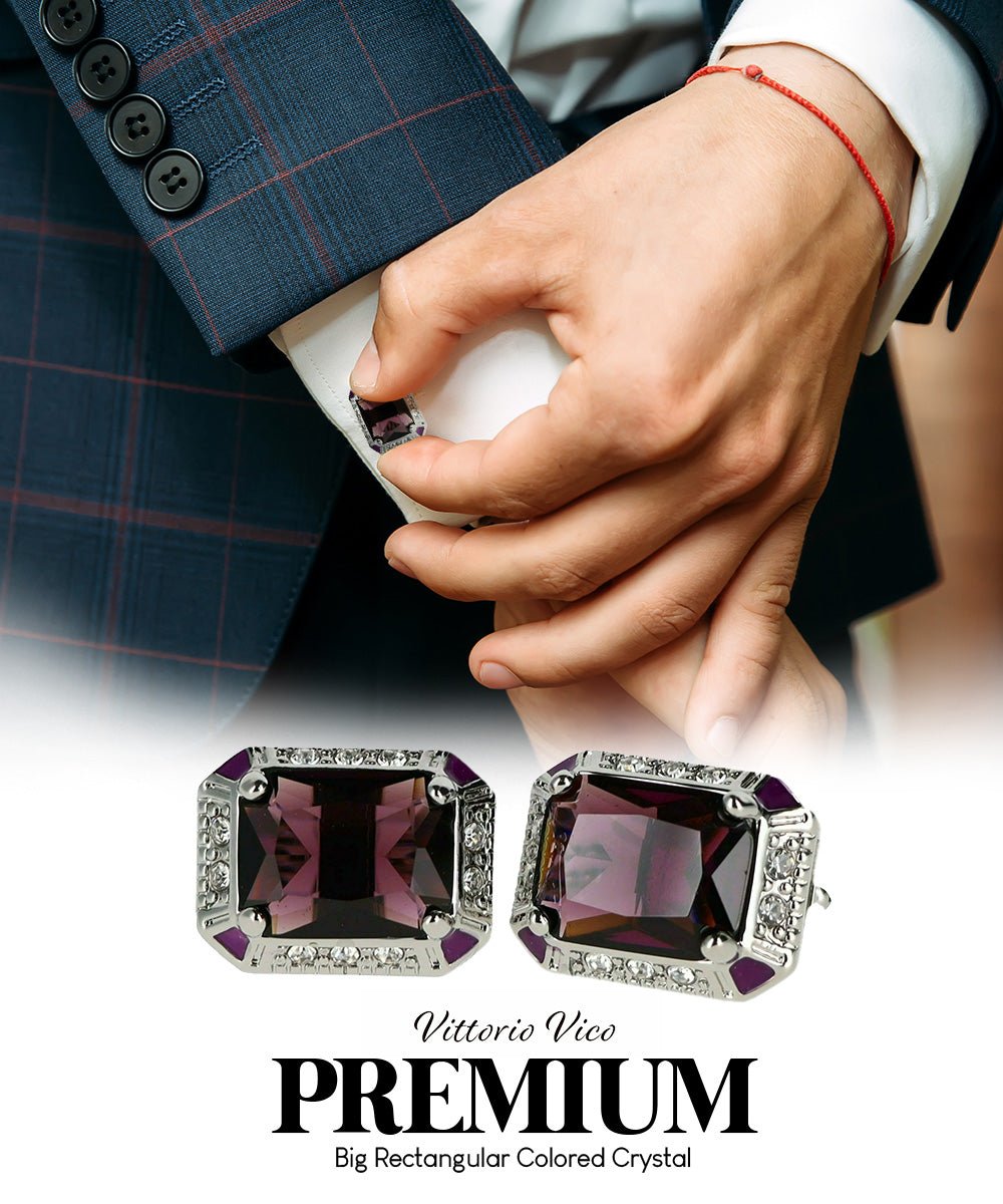 Vittorio Vico Large Big Rectangular Crystal Colorstone Cufflinks: CL73XX Series - Suits You Sir - Purple and Silver -