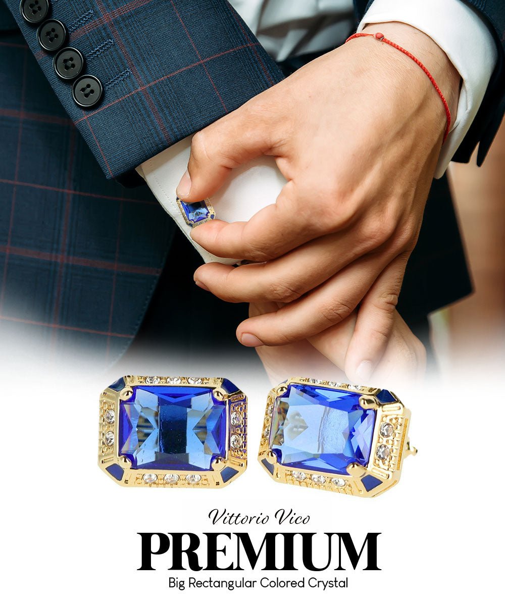 Vittorio Vico Large Big Rectangular Crystal Colorstone Cufflinks: CL73XX Series - Suits You Sir - Royal Blue and Gold -