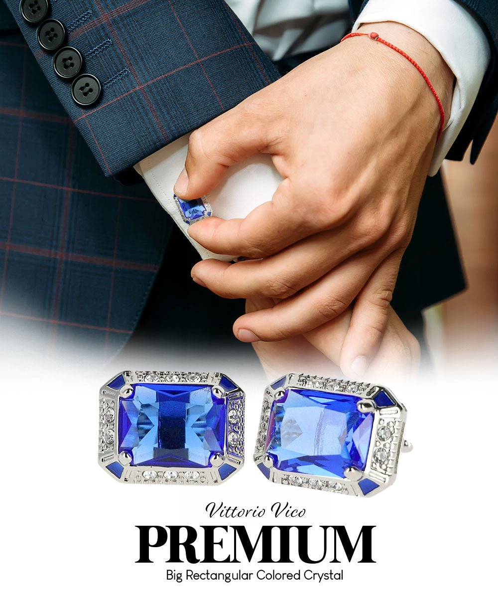 Vittorio Vico Large Big Rectangular Crystal Colorstone Cufflinks: CL73XX Series - Suits You Sir - Royal Blue and Silver -