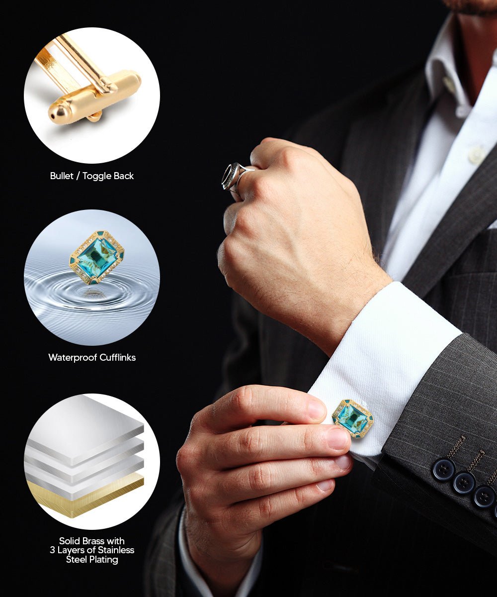 Vittorio Vico Large Big Rectangular Crystal Colorstone Cufflinks: CL73XX Series - Suits You Sir - Turquoise and Gold -