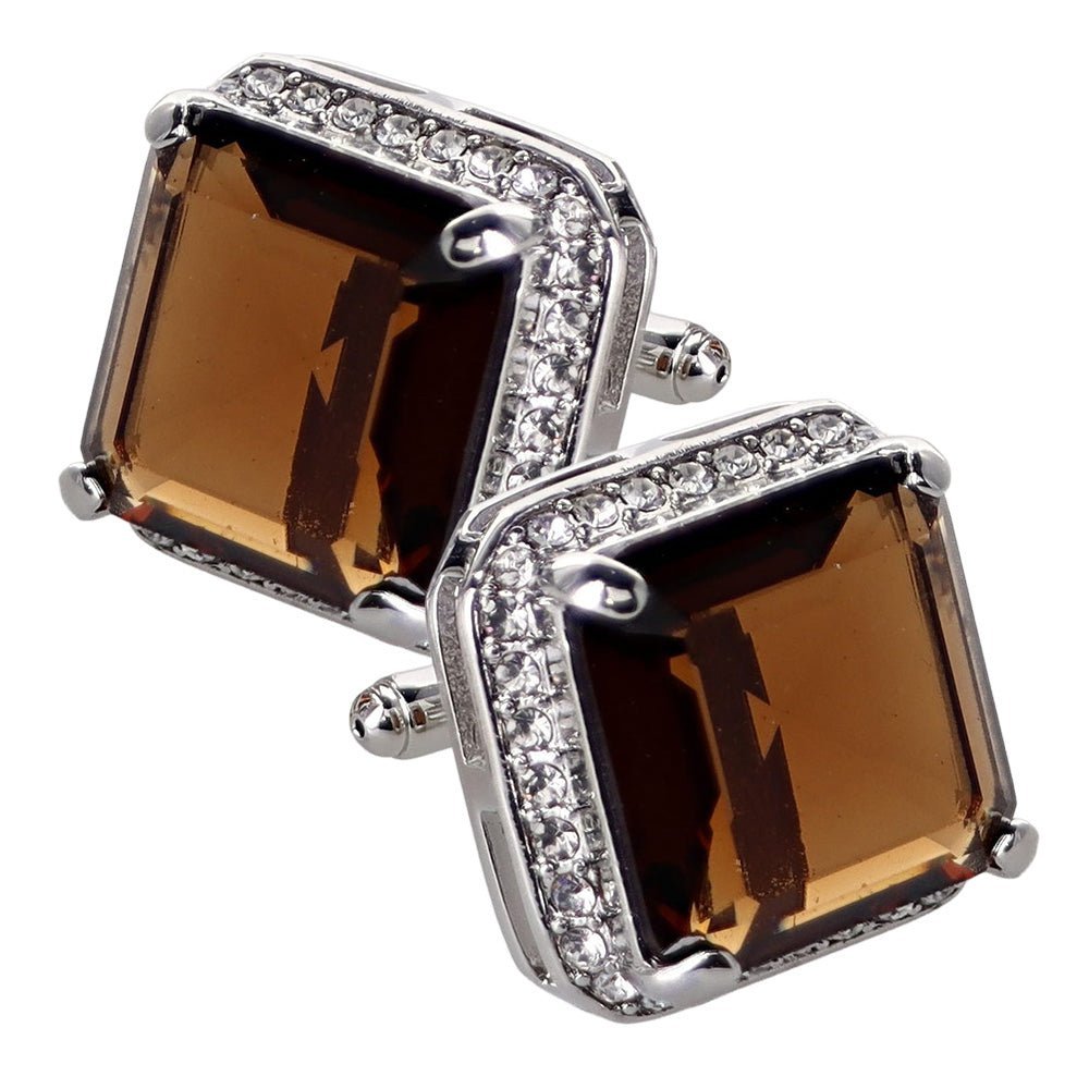 Vittorio Vico Large Big Square Crystal Colorstone Cufflinks: CL 70XX Series - Suits You Sir - Brown and Silver -